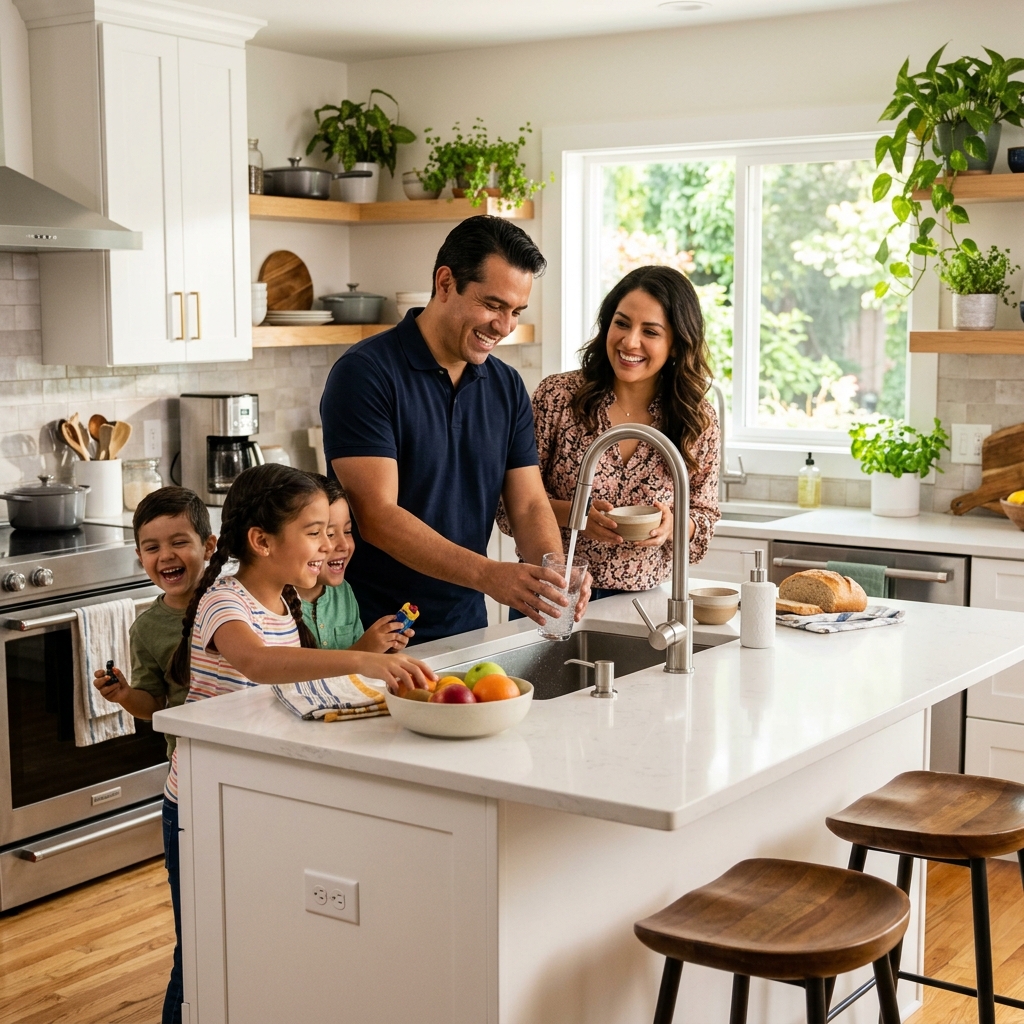 Familia disfrutando agua pura Puronics en su cocina moderna